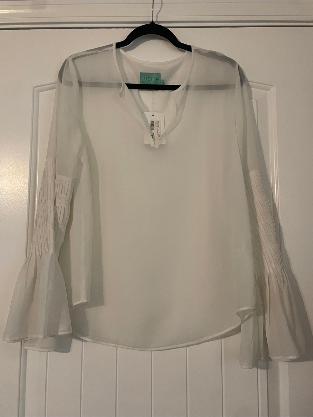 Judith March Sheer Bell-Sleeve Blouse in Ivory